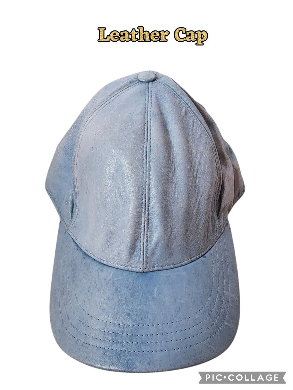 Baseball Cap soft leather light blue adjustable back strap  Button snap top